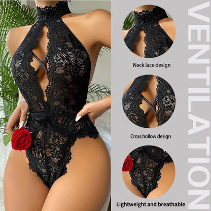 Sexy Women's Hollowed out Backless Camisole Jumpsuit Classic Sexy Lace Flower Sleeveless Sexy Lingerie