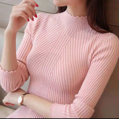 HELIAR Women Mock Neck Ruffles Sweater Long Sleeve Knitted Bottoming Solid Pullovers Stripe Casual Sweater For Women 2023 Autumn