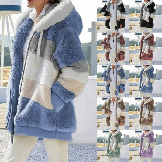Oversized Jacket for Women 2023 New Autumn Winter Warm Plush Pocket Hooded Streetwear Loose Lady Outerwear Coat Roupas Feminina