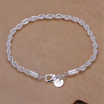 Silver Color 4mm Chain Male Twisted Rope Necklace Bracelets Fashion Women Men Silver High Quality Jewelry Set