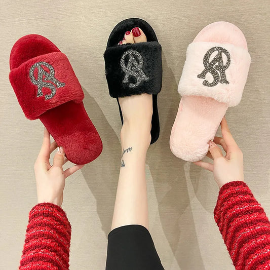 2023 Slippers Women House Slippers Warm Slippers Women Winter Crystal Fur Home Shoes For Women Slippers Casual Plush Comfortable