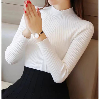 HELIAR Women Mock Neck Ruffles Sweater Long Sleeve Knitted Bottoming Solid Pullovers Stripe Casual Sweater For Women 2023 Autumn