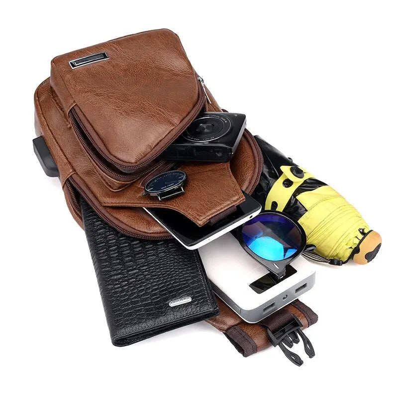 2023 Pu Chest Bag Usb Fashion Portable Rechargeable Leisure Diagonal Span Package Outdoor Sports For Men