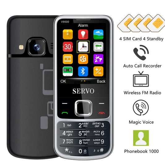 SERVO V9500 4 SIM Card Mobile Phone Auto call recorder Speed dial Magic voice Phonebook 1000 FM Radio 2.4" Screen Cellphones