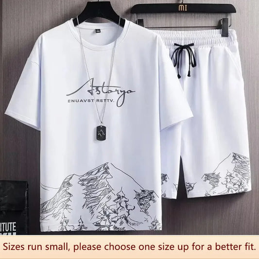 Men Casual Sports Set Summer Thin Ice Silk Short Sleeve Shorts Trendy Clothes One-piece Match High Style