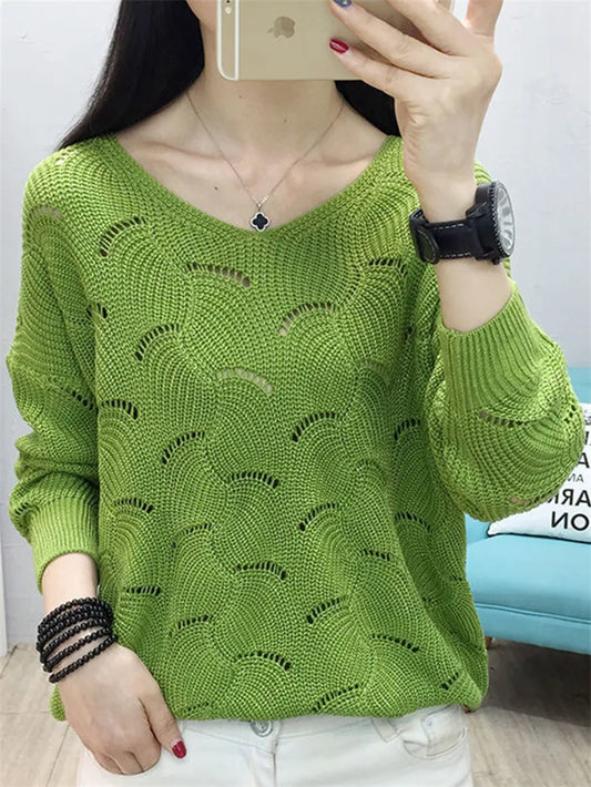 Autumn Winter V-neck Elegant Sweet Knitting Hollow Out Top Women Solid Casual Sweater Ladies Korean Style All-match Pullover2023
