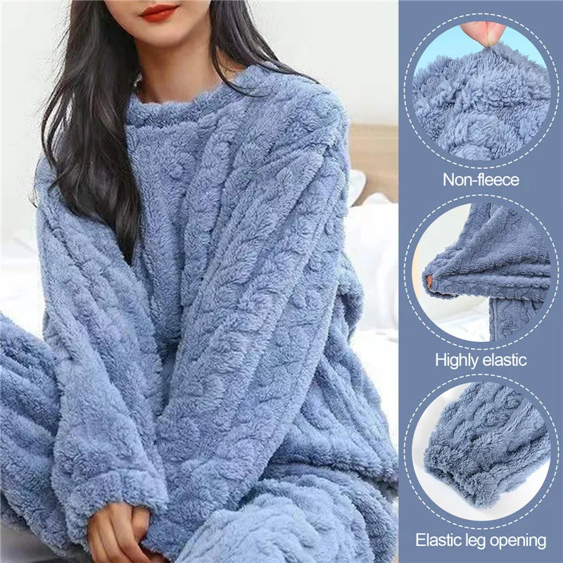 Women's pajamas set Winter coral velvet homewear Velvet thickened two-piece home suit Fluffy O-neck leisure pajamas