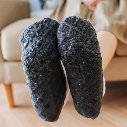 Women's Warm Solid Color Floor Socks Non Slip Plush Knitted Coral Fleece Socks No Show Socks