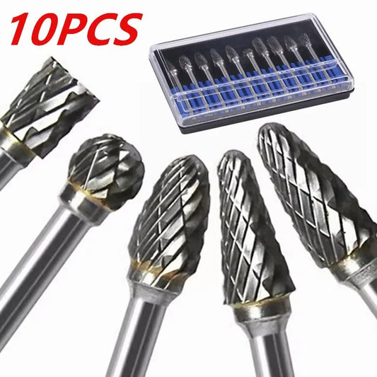 10pcs Carbide Burr Set, Hard Alloy Tungsten Steel Double Cut Rotary File Milling Cutter Head, Woodworking Grinding Carvin