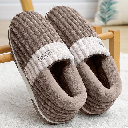 Bebealy Winter Fur Plush Slippers For Women Man Fluffy Furry Collar Home Cotton Slipper Indoor Outdoor Cozy Bedroom Fuzzy Slides