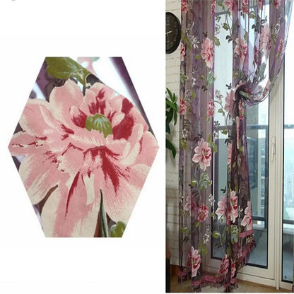 2021 New Door Blinds Window Peony Printed Transparent Tulle Curtain Room Divider Valance  Decoration Curtains Voile Living Room