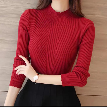 HELIAR Women Mock Neck Ruffles Sweater Long Sleeve Knitted Bottoming Solid Pullovers Stripe Casual Sweater For Women 2023 Autumn