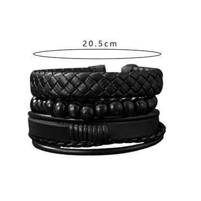 Set Of 3 Black Handmade Woven Pu Leather Bracelet For Men Multi Pack Fashion Vintage Braided Bangle As Birthday Gift