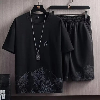Men Casual Sports Set Summer Thin Ice Silk Short Sleeve Shorts Trendy Clothes One-piece Match High Style