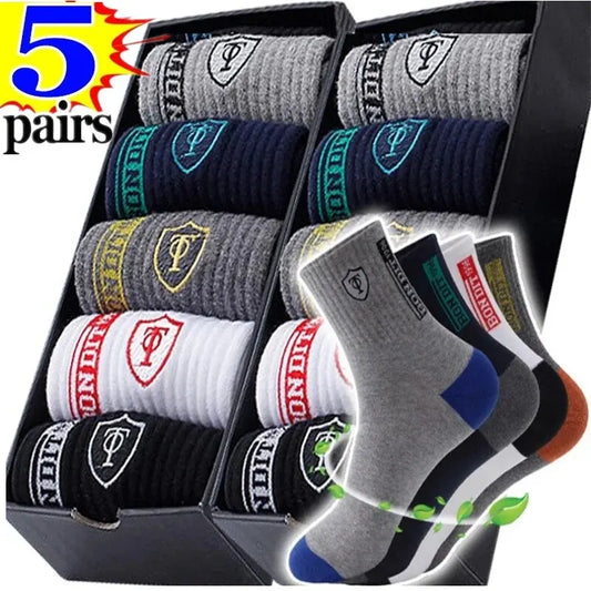 5Pairs Breathable Cotton Sports Stockings Men Bamboo Fiber Autumn and Winter Men Socks Sweat Absorption Deodorant Business Sox