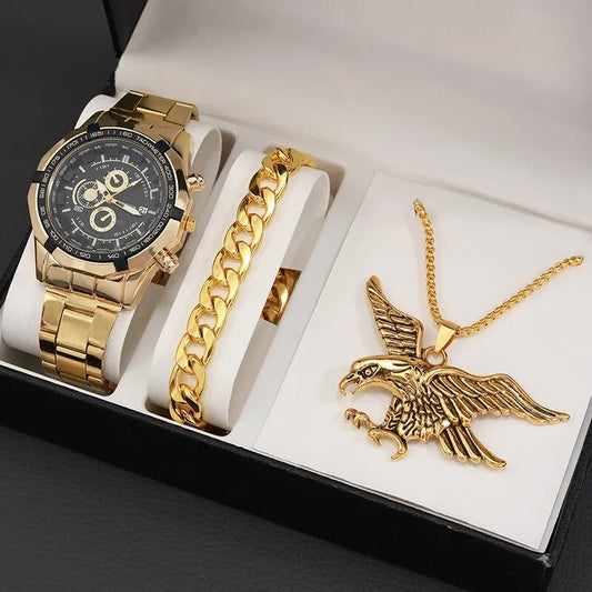 3PCS Set Luxury Fashion Mens Watches Men Business Quartz Watch Male Casual Necklace Bracelet Wristwatch